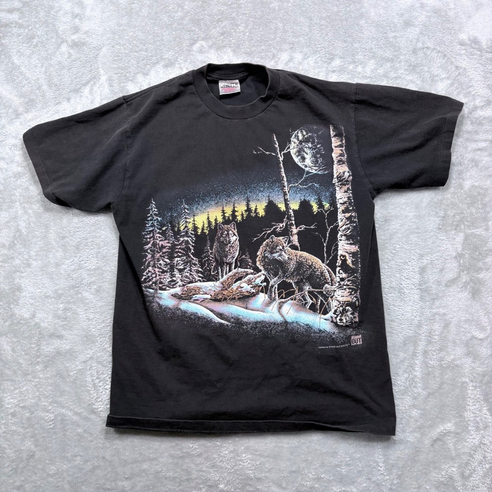 Oneita Wolf Graphic T-Shirt Mens M Black 1993 Vintage Single Stitch Made in USA
